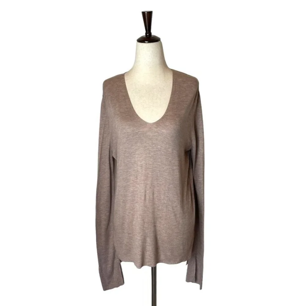Zara Knit Brown‎ Taupe V Neck Lightweight Hi Low Hem Pullover Sweater Size M